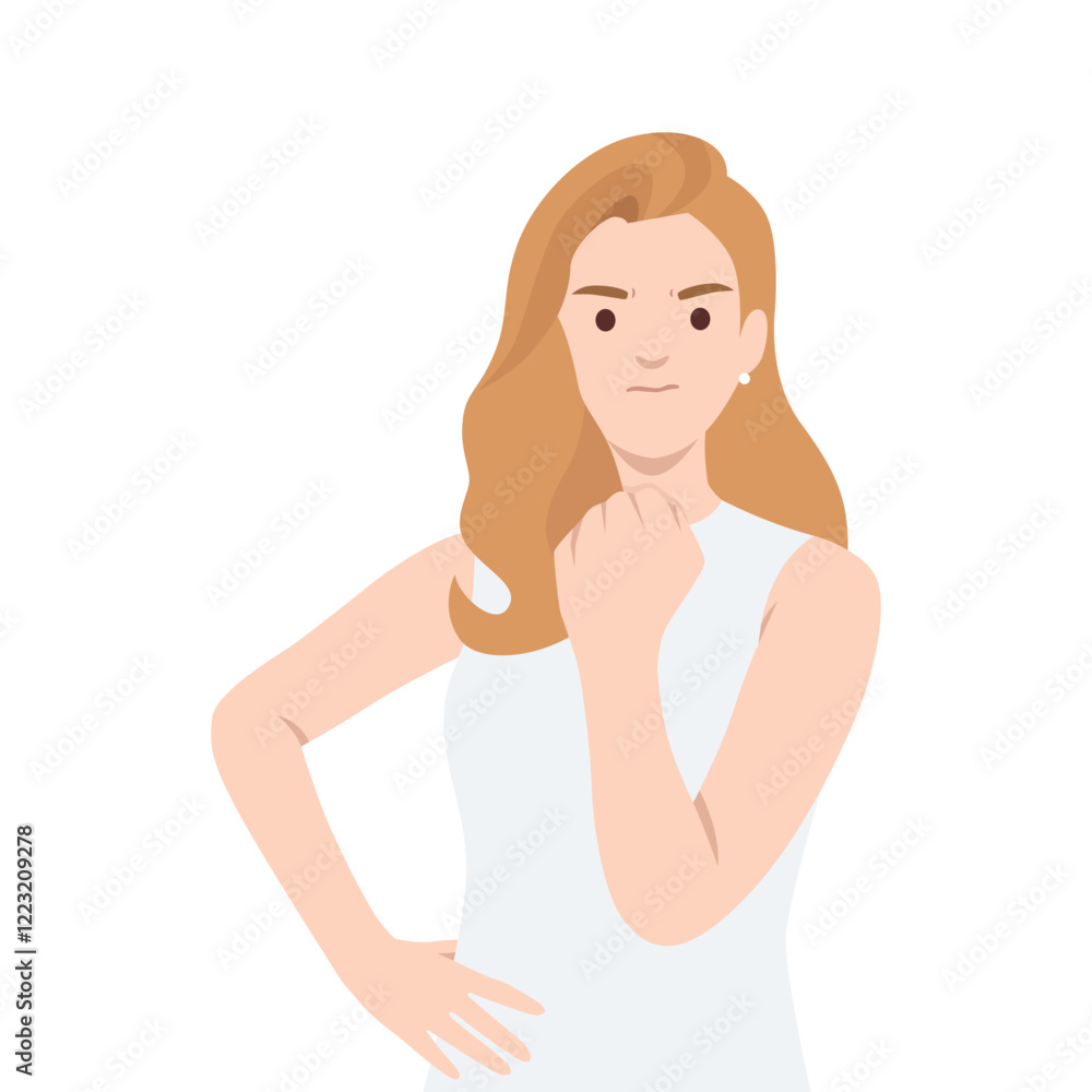 Woman striking a confident pose with a serious expression, conveying determination and resolve. Flat vector illustration isolated on white background Woman striking a confident pose with a serious expression, conveying determination and resolve. Flat vector illustration isolated on white background