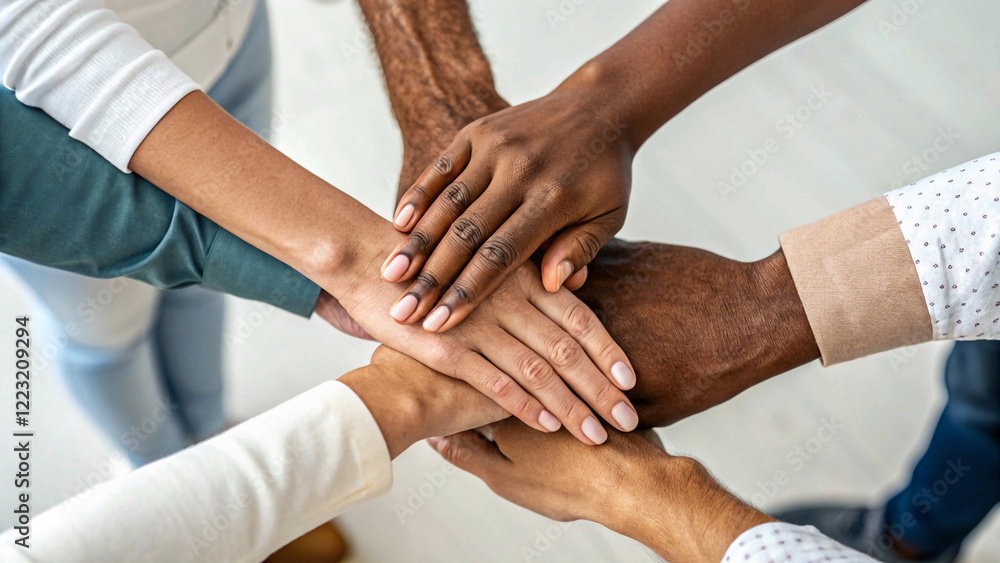 Teamwork and Unity Concept: Hands Stacked in Collaboration and Support Teamwork and Unity Concept: Hands Stacked in Collaboration and Support
