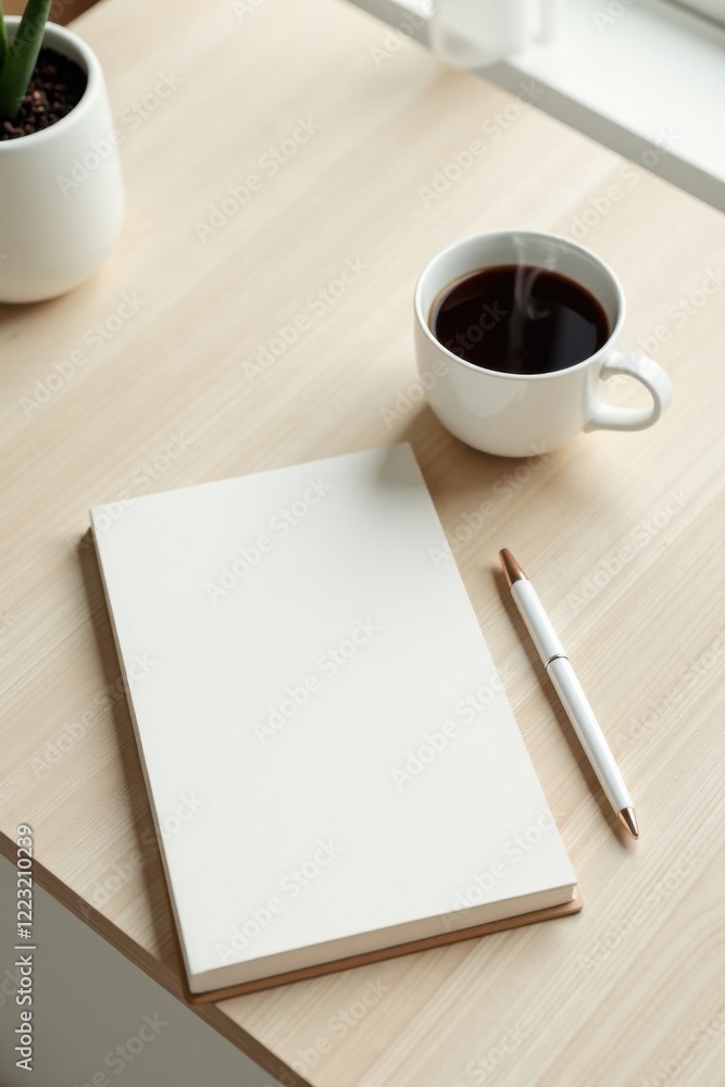 A Blank Notebook Ready for Inspiration Beside a Cup of Coffee and a Pen on a Light Wooden Desk A Blank Notebook Ready for Inspiration Beside a Cup of Coffee and a Pen on a Light Wooden Desk