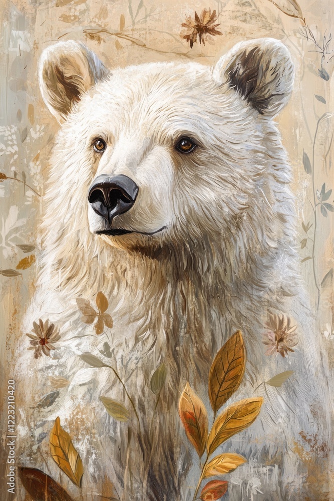 Obraz premium Majestic bear surrounded by autumn leaves, showcasing serene wil