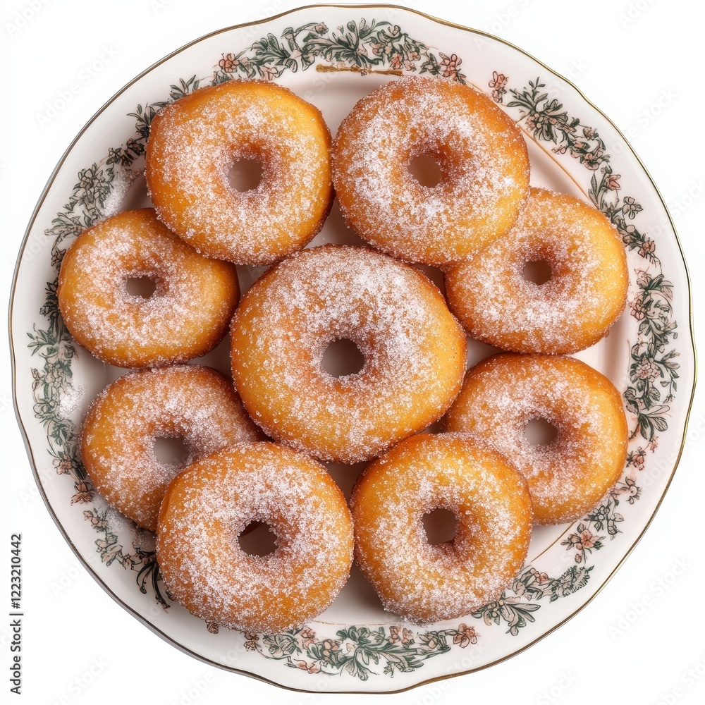 plate of donuts with granulated sugar topping, top view, no background, stock photo --v 6.1 Job ID: d0b1081d-aa1a-4670-b05a-dd3823928dbb plate of donuts with granulated sugar topping, top view, no background, stock photo --v 6.1 Job ID: d0b1081d-aa1a-4670-b05a-dd3823928dbb
