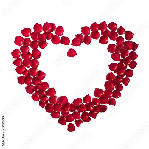 Heart shaped arrangement of red rose petals on transparent background