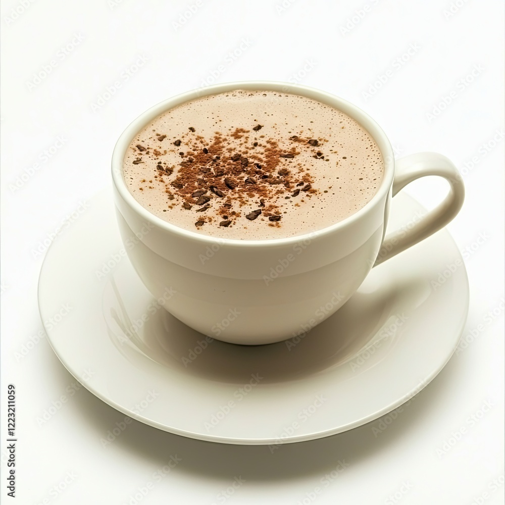Hot chocolate in cup, saucer, white background; cozy drink Hot chocolate in cup, saucer, white background; cozy drink