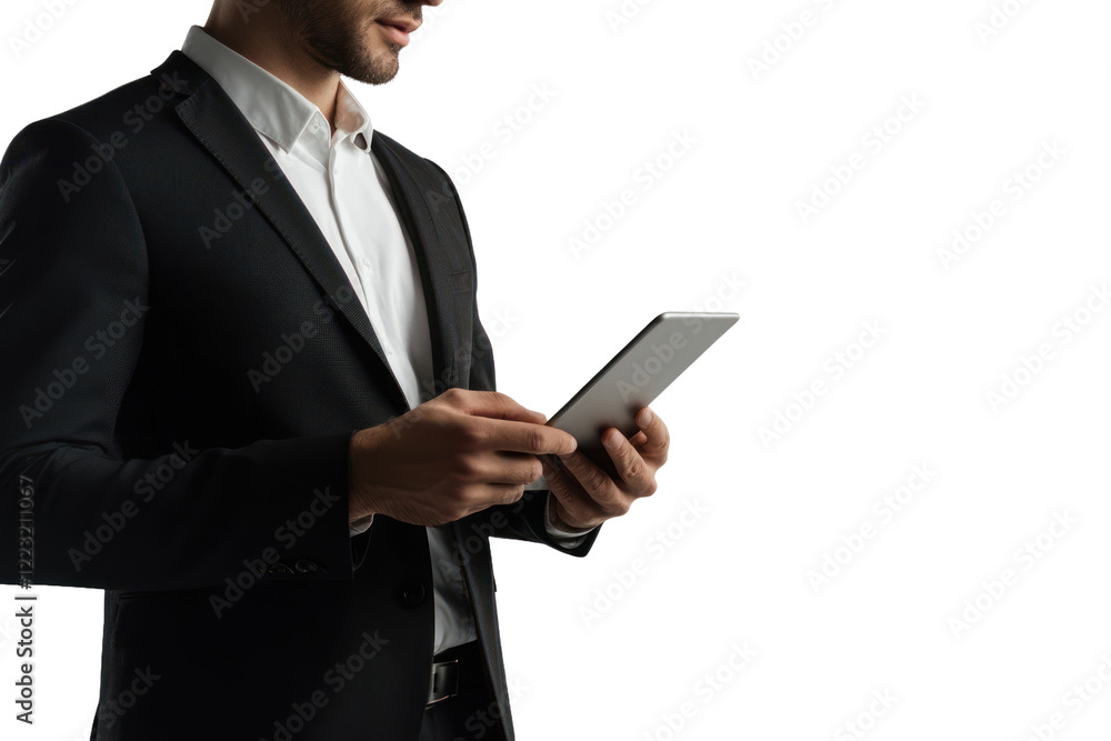 A creative portrait of a businessman holding a tablet, isolated on white with soft shadows adding depth, isolated on a transparent background. Cutout. A creative portrait of a businessman holding a tablet, isolated on white with soft shadows adding depth, isolated on a transparent background. Cutout.