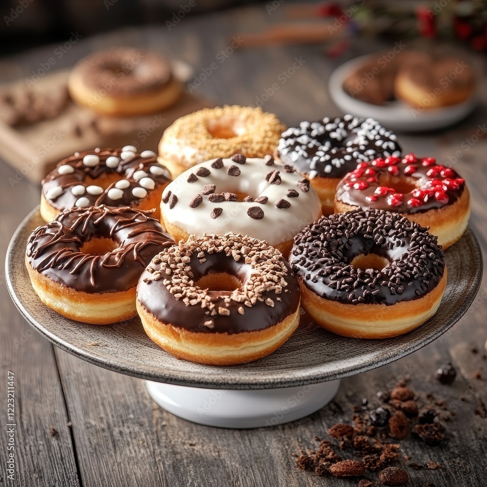 plate of donuts with different toppings on a kitchen table, stock photo --v 6.1 Job ID: daad61b3-47e0-4a13-ae5c-d21fb8be6d7f plate of donuts with different toppings on a kitchen table, stock photo --v 6.1 Job ID: daad61b3-47e0-4a13-ae5c-d21fb8be6d7f