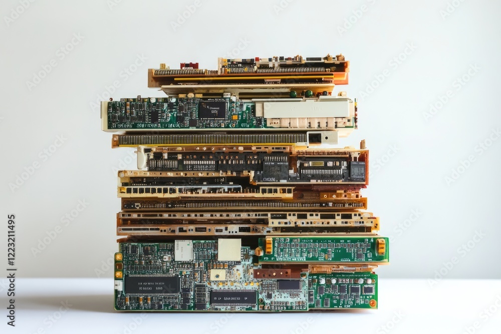 A stack of old, used computer circuit boards, showing signs of age and wear. A stack of old, used computer circuit boards, showing signs of age and wear.