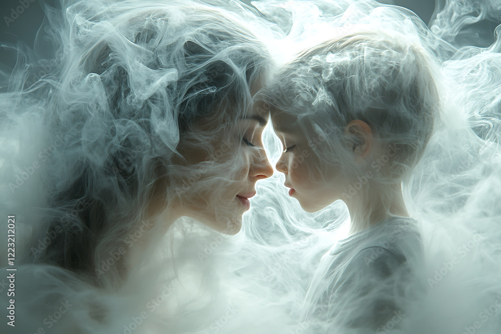 A serene and ethereal depiction of white mist forming the shape of a mother and son embracing, set against a soft, atmospheric background. A serene and ethereal depiction of white mist forming the shape of a mother and son embracing, set against a soft, atmospheric background.