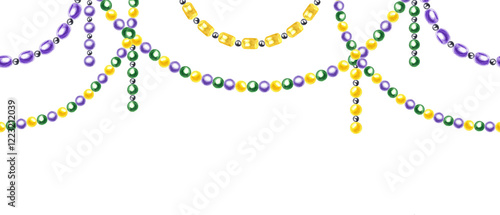 Green, purple, yellow bead garland in colors of Mardi Gras festival watercolor horizontal seamless banner isolated background. Glass necklace pattern. Hand painted illustration for carnival decor.