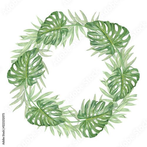 Watercolor tropical leaf wreath with copy space for text. Hand painted exotic green monstera and palm areca branches round frame. Summer plants illustration for greeting cards, invitation, poster