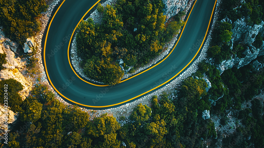 A winding black asphalt road with a vibrant yellow centerline, surrounded by dense greenery and natural rock formations