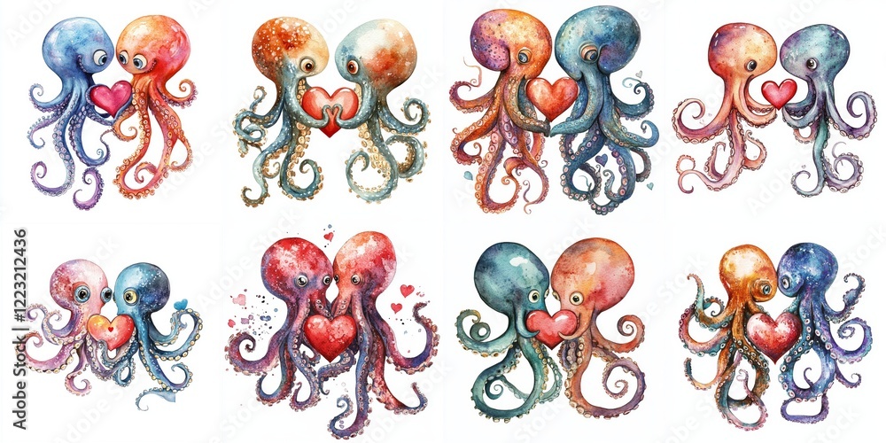 Naklejka premium Watercolor Octopus Couple in Love Holding Hearts - Adorable watercolor painting of octopus couples expressing love, symbolizing affection, unity, connection, and marine life.
