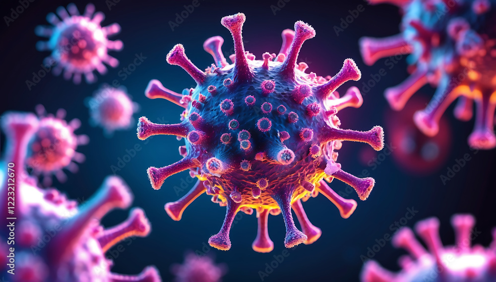 Intricate 3D Rendering of Virus Particle with Spike Proteins: AI-Generated Visualization on Dark Background Intricate 3D Rendering of Virus Particle with Spike Proteins: AI-Generated Visualization on Dark Background