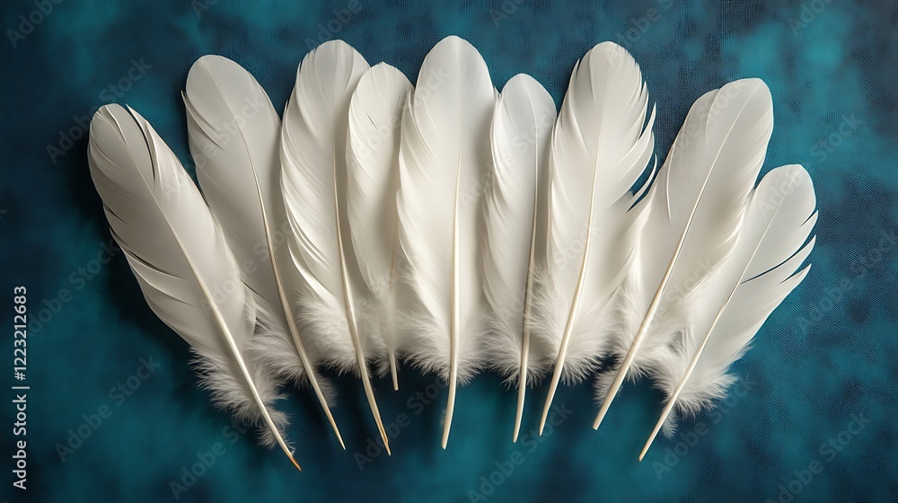 Naklejka premium Eight White Feathers Arranged on Teal Background