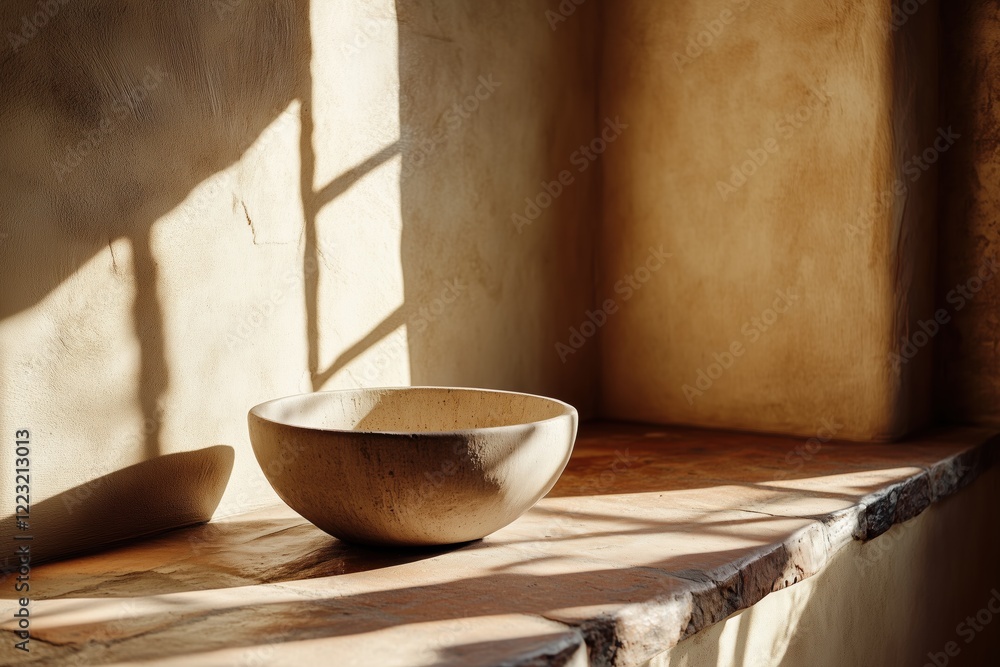 A Southwestern interior design style simple wooden bowl placed on a rustic stone shelf, illuminated by soft natural light streaming through a window, casting gentle shadows on the wall. A Southwestern interior design style simple wooden bowl placed on a rustic stone shelf, illuminated by soft natural light streaming through a window, casting gentle shadows on the wall.