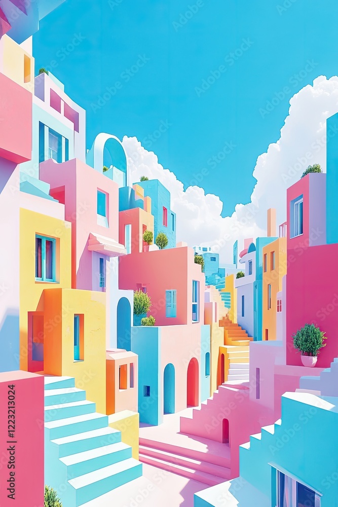 Fototapeta premium Brightly colored buildings create whimsical atmosphere under vib