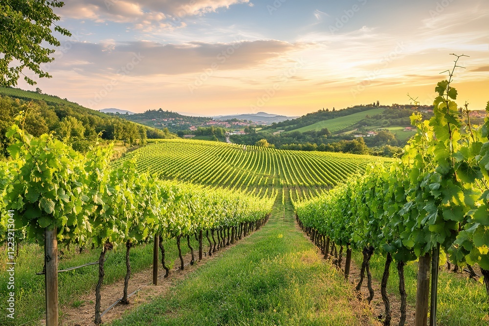 Vineyard at sunset, rolling hills and green vines Vineyard at sunset, rolling hills and green vines