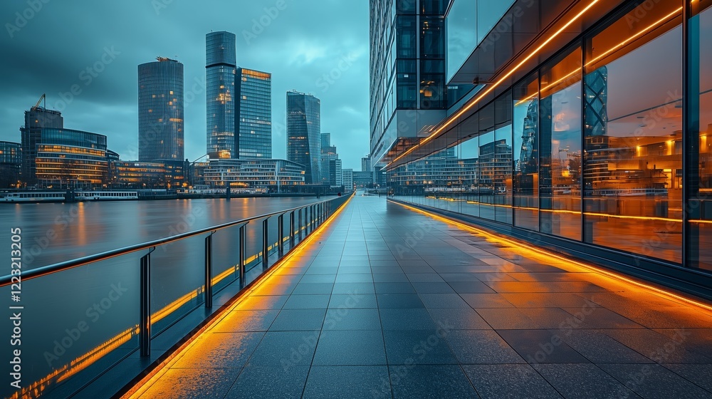 Fototapeta premium Modern Cityscape at Dusk with Urban Skyline Reflections on Water
