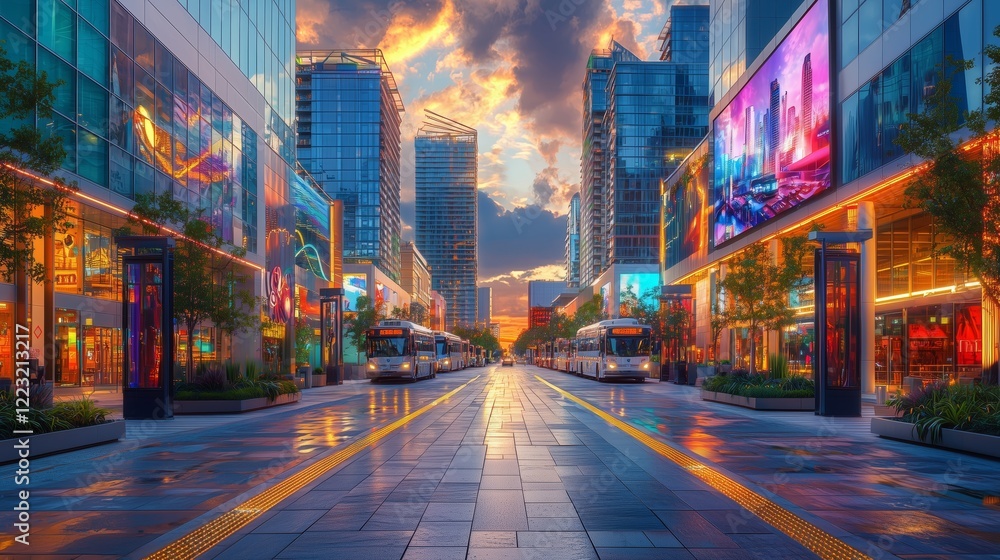 Fototapeta premium Vibrant City Street at Sunset with Modern Buildings and Buses