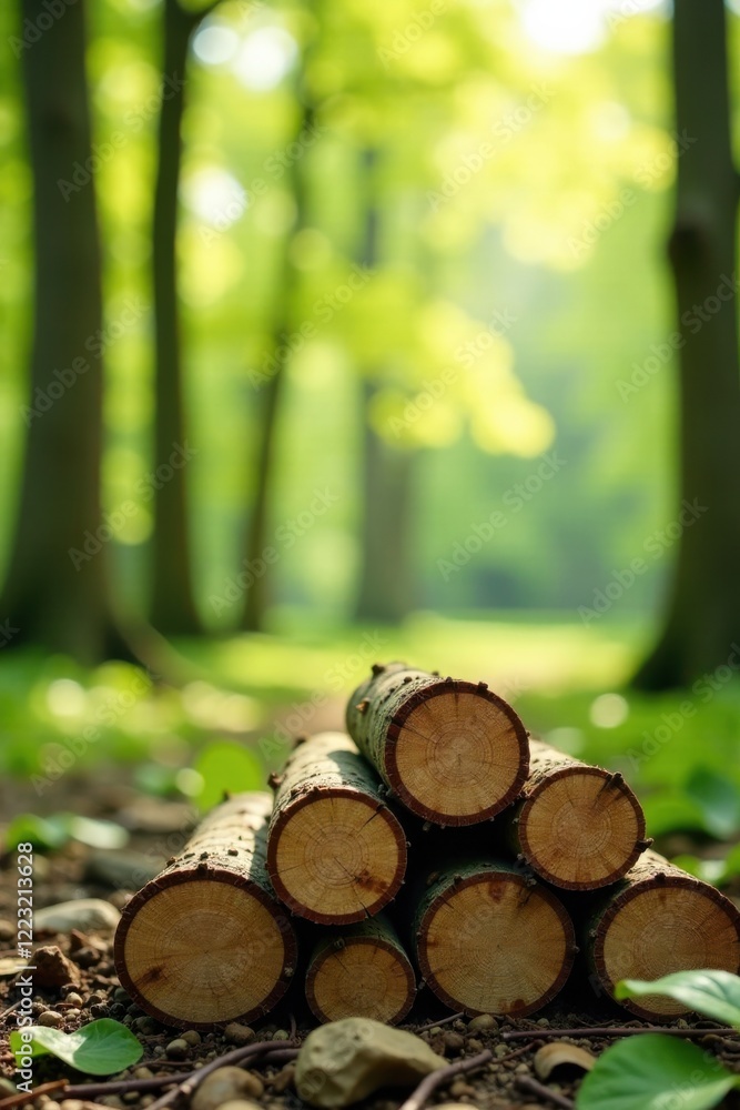 A sunlit pile of neatly stacked wood logs rests on a forest floor amongst rocks and leaves, showcasing the natural beauty of a woodland setting