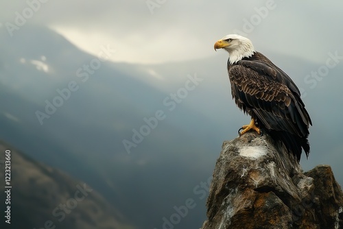 Majestic eagle perched atop a mountain rock photo