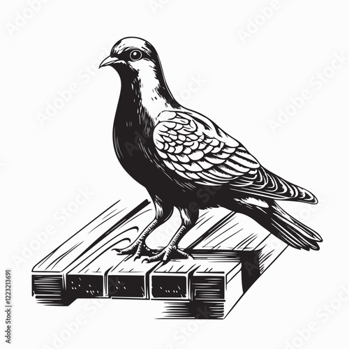 A Pigeon Standing on a Wooden Dock Plank, Gazing at the Peaceful Waterfront in Vector Art