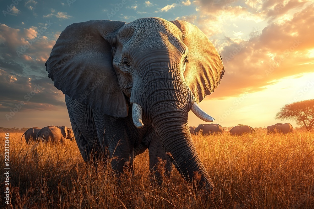 Fototapeta premium Majestic elephant at sunset in African savanna
