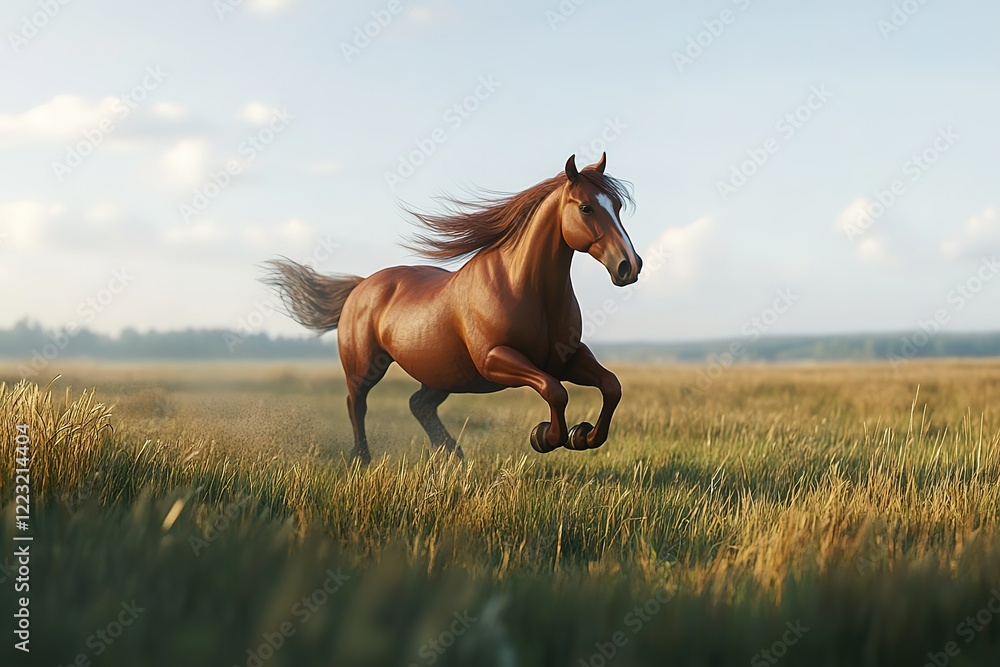 Obraz premium Chestnut horse galloping across field