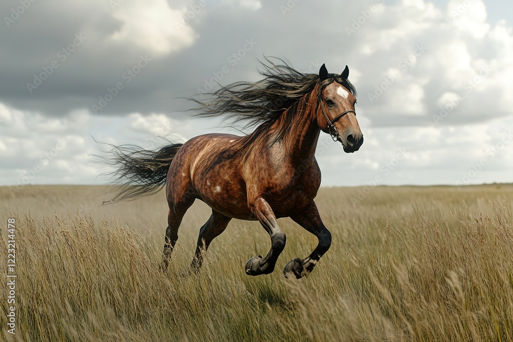 Brown horse galloping through tall grass under a cloudy sky. Brown horse galloping through tall grass under a cloudy sky.