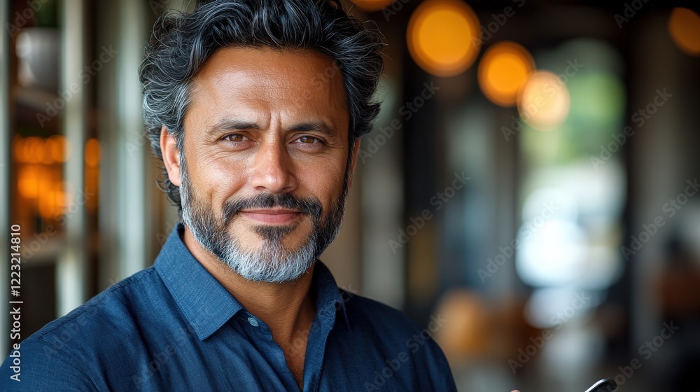 Confident man smiling in a modern caf? setting with warm lighting and blurred background Confident man smiling in a modern caf? setting with warm lighting and blurred background