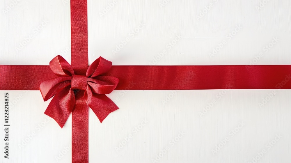 Red silk ribbon bow and cross stripes on white background with copy space Red silk ribbon bow and cross stripes on white background with copy space