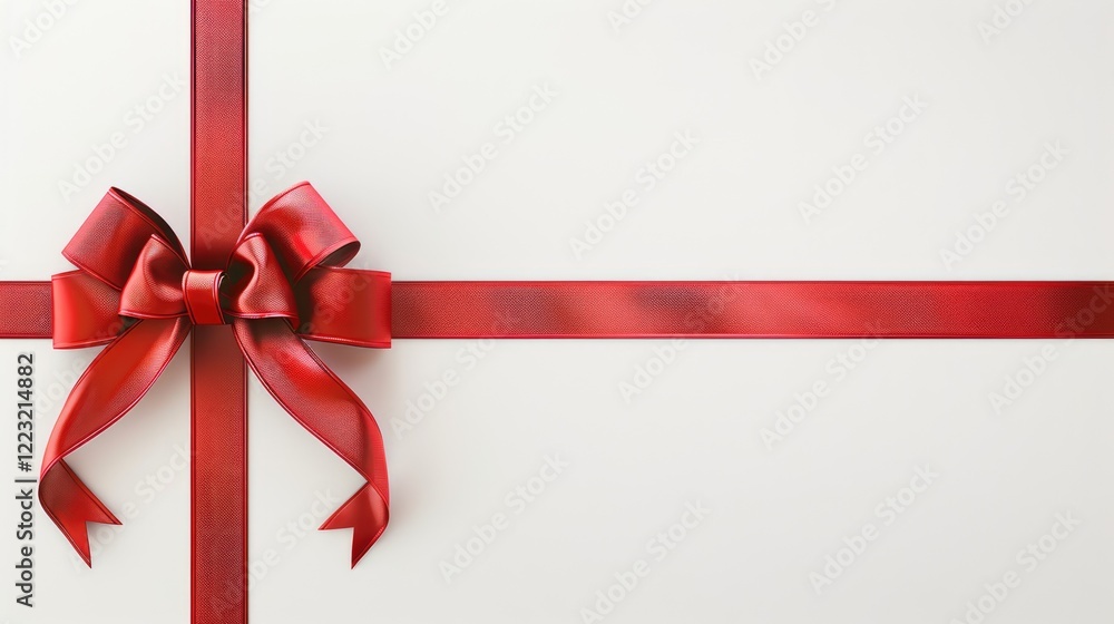 Red silk ribbon bow and cross stripes on white background with copy space Red silk ribbon bow and cross stripes on white background with copy space