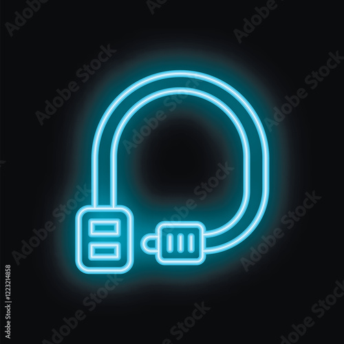 Blue neon icon of a bicycle lock glowing on a black background