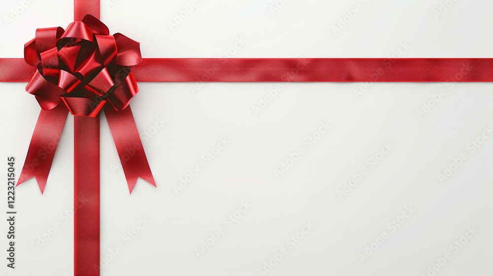 Red silk ribbon bow and cross stripes on white background with copy space Red silk ribbon bow and cross stripes on white background with copy space