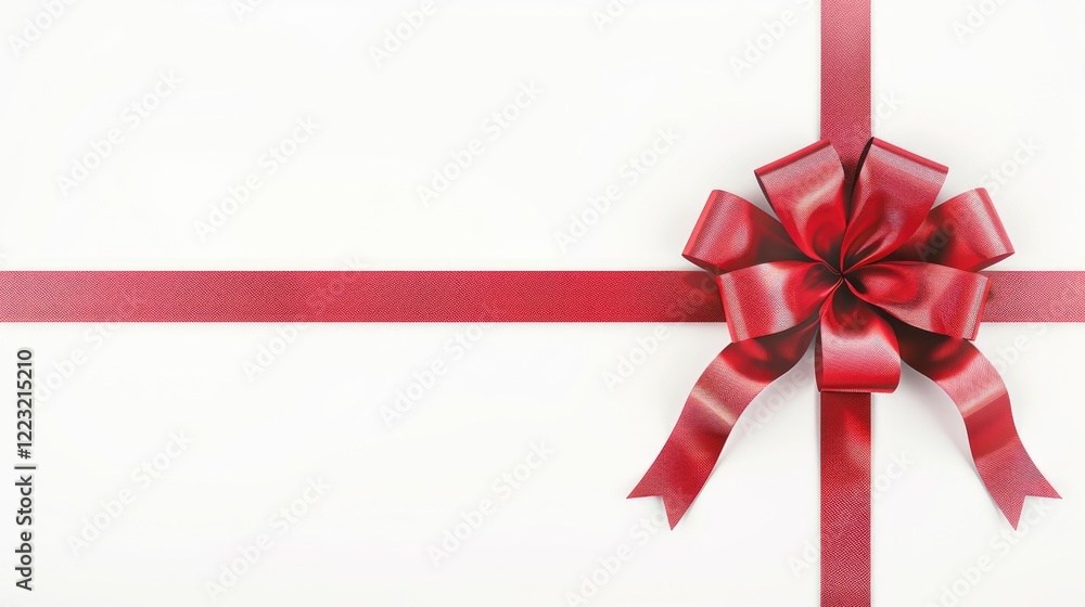 Red silk ribbon bow and cross stripes on white background with copy space Red silk ribbon bow and cross stripes on white background with copy space