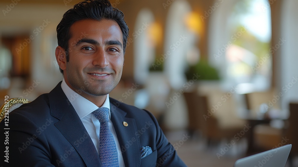 Obraz premium Confident businessman smiling while working on a laptop in a luxurious hotel lobby setting
