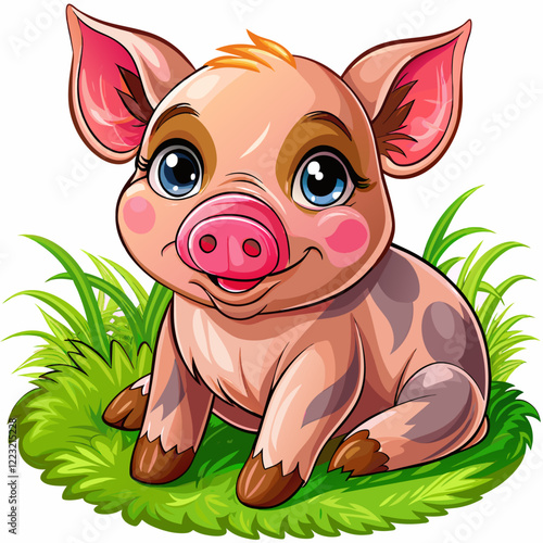 Vector illustration of a baby piglet on the grass on white background - Generative AI
