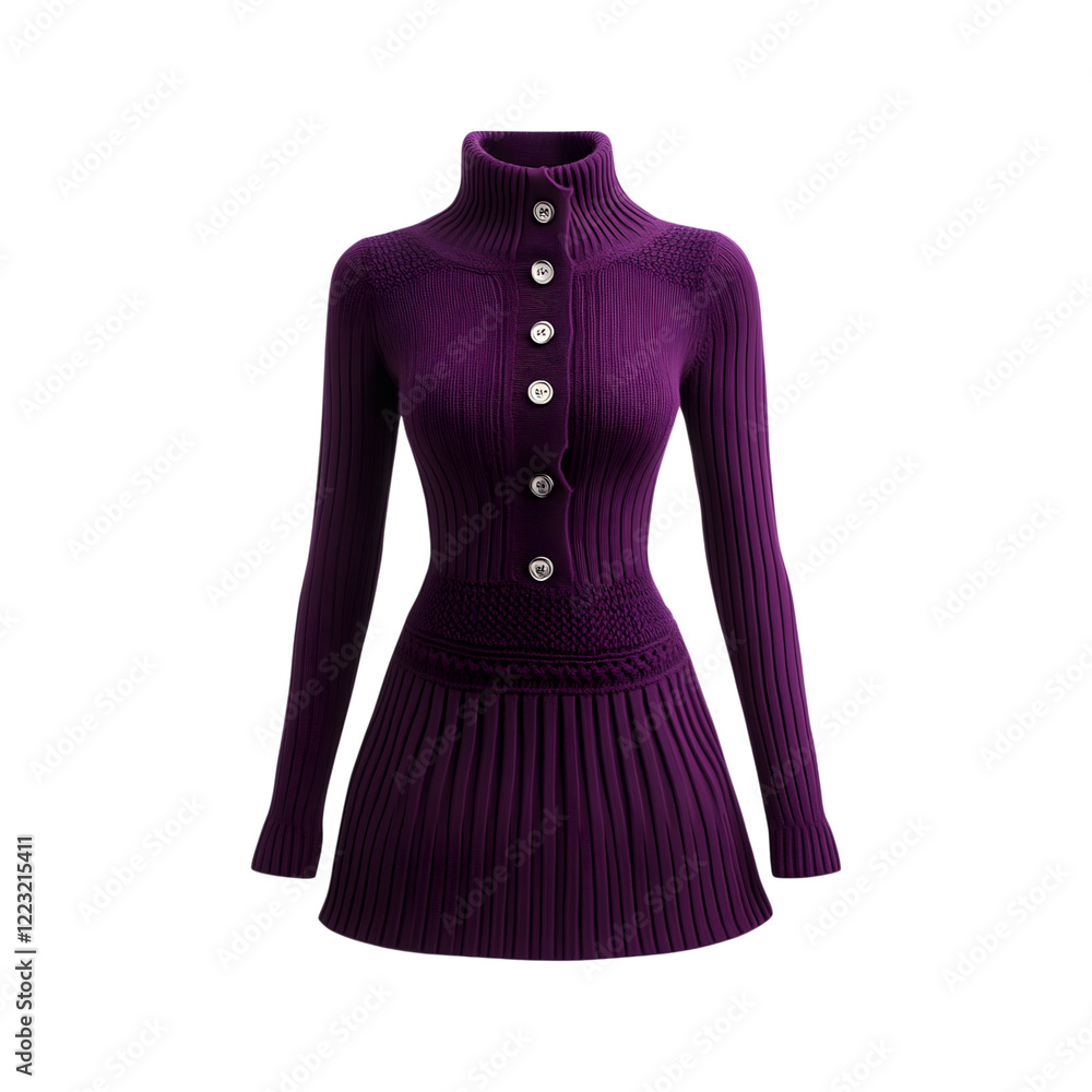 Woolen Knitted Dress in Deep Purple with Buttons and Pleating Isolated on Transparent Background Woolen Knitted Dress in Deep Purple with Buttons and Pleating Isolated on Transparent Background