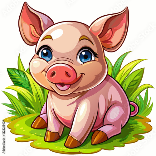 Vector illustration of a baby piglet on the grass on white background - Generative AI
