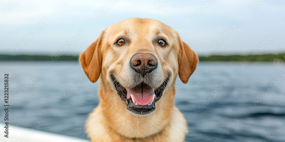 A happy Labrador retriever smiles against a serene water backdrop, embodying joy and companionship. A happy Labrador retriever smiles against a serene water backdrop, embodying joy and companionship.