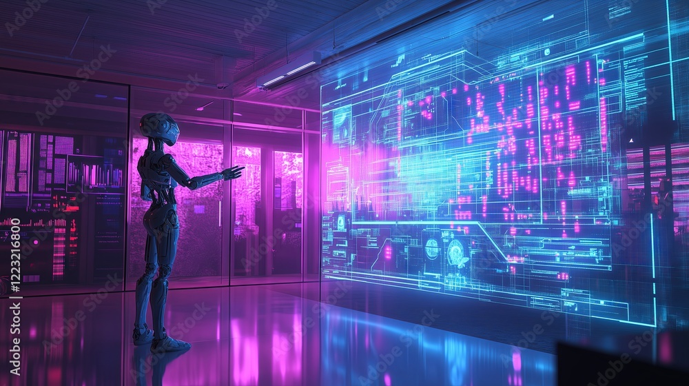 Futuristic robot interacting with digital interface Futuristic robot interacting with digital interface