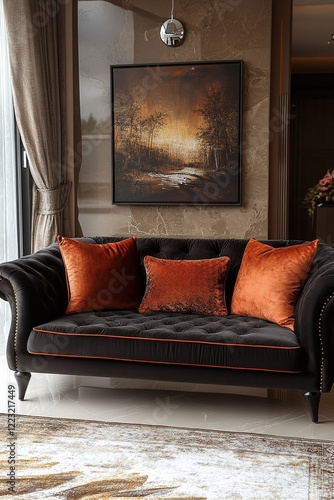 luxurious velvet interior in dark colors with a leather sofa and a painting on the wall