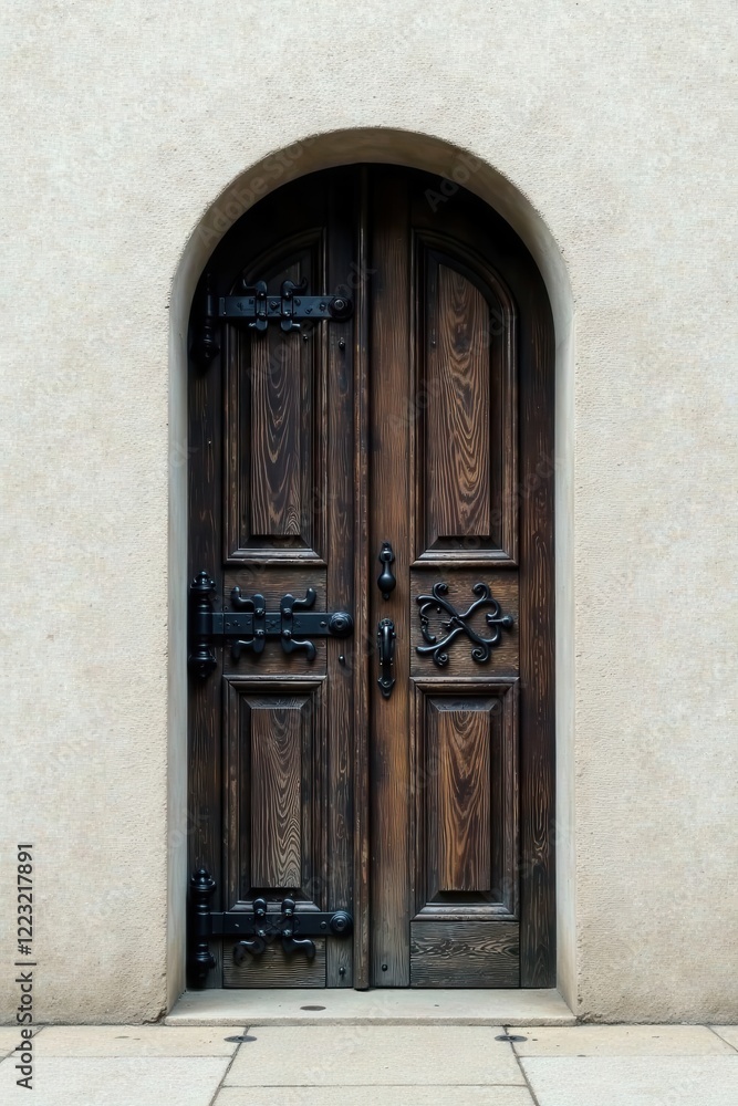 Arched Entranceway Featuring Ornate Wooden Double Doors with Black Metal Accents and Hinges Arched Entranceway Featuring Ornate Wooden Double Doors with Black Metal Accents and Hinges