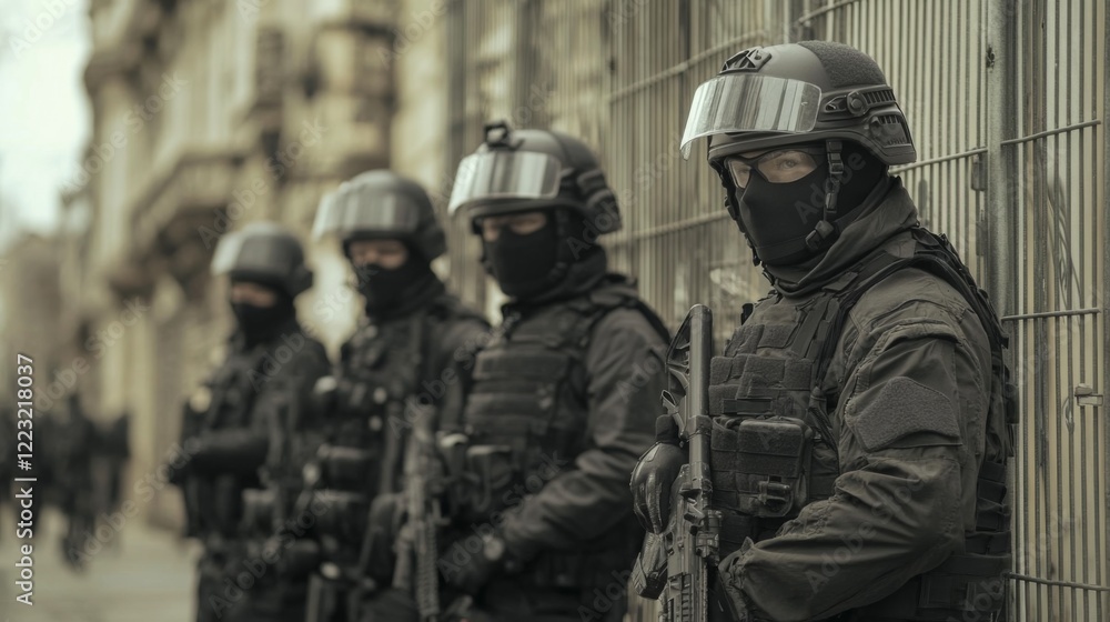Three SWAT officers in full gear stand guard against a fence in an urban setting. Three SWAT officers in full gear stand guard against a fence in an urban setting.