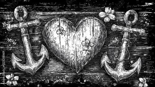 Nautical Heart Anchors Wooden Heart Flowers Romantic Black and White Nautical Theme Vintage photo