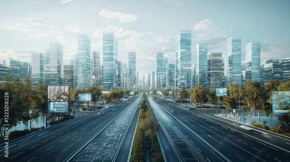 Futuristic Cityscape with Clear Roads and Tall Glass Buildings