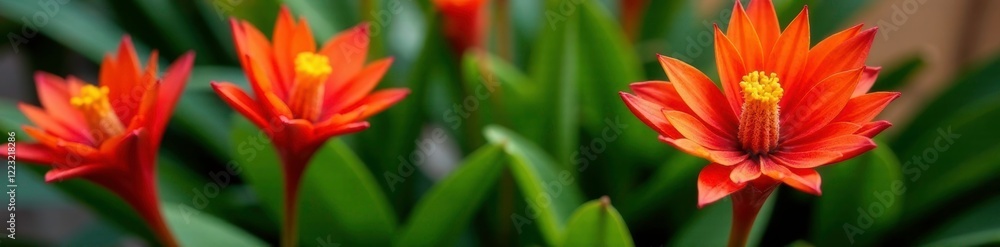 Red and orange Guzmania blooms with green leaves, red, guzmania, green Red and orange Guzmania blooms with green leaves, red, guzmania, green