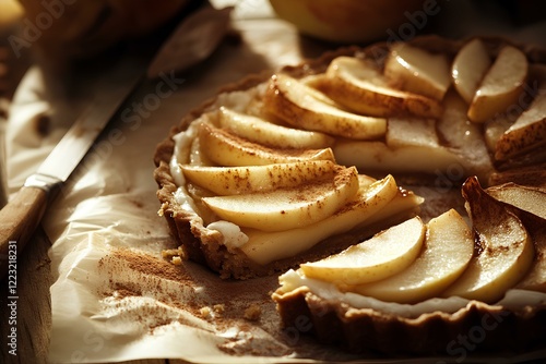 freshly baked apple tart cake cut pieace slices of cake with apple slices swirl on top photo