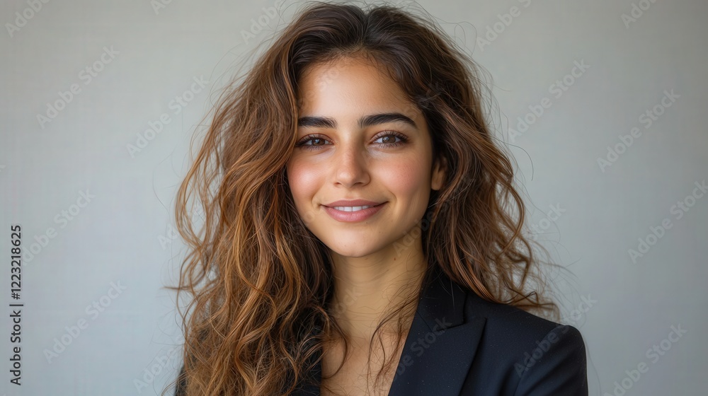 Naklejka premium Young woman with curly hair smiling in a professional setting, soft background, exuding confidence