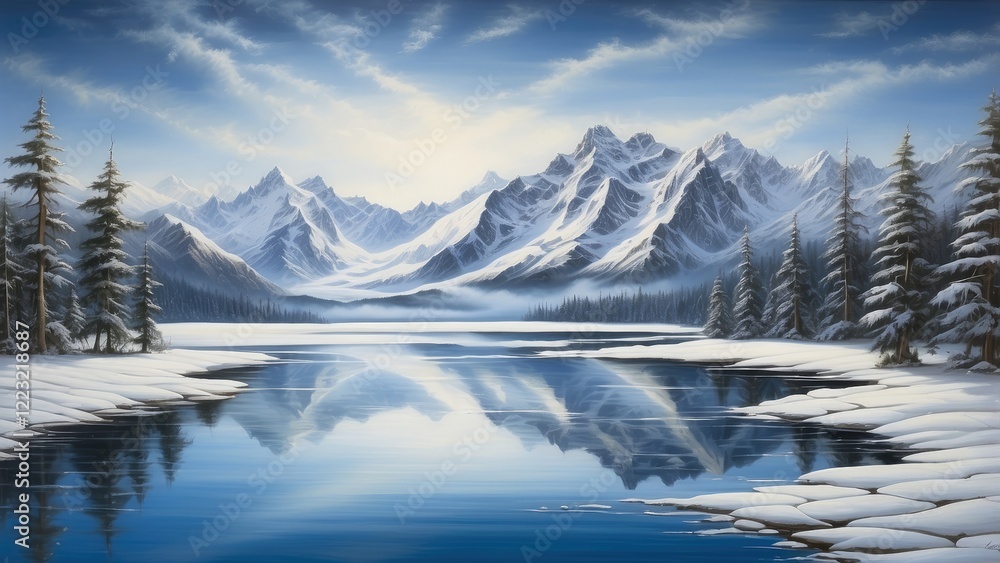 A serene winter landscape painting featuring snow-covered mountains in the background, A serene winter landscape painting featuring snow-covered mountains in the background,