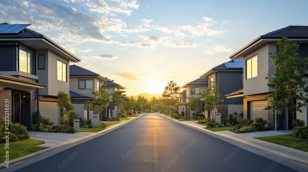 Serene Suburban Street at Sunset with Modern Houses and Greenery Serene Suburban Street at Sunset with Modern Houses and Greenery